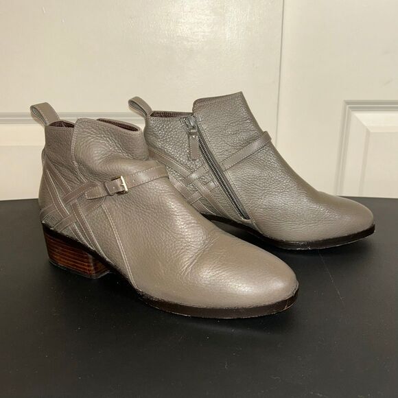 Cole Haan Taupe Leather Ankle Boots – Side Zip Buckle Booties Size 9.5B - Picture 1 of 8